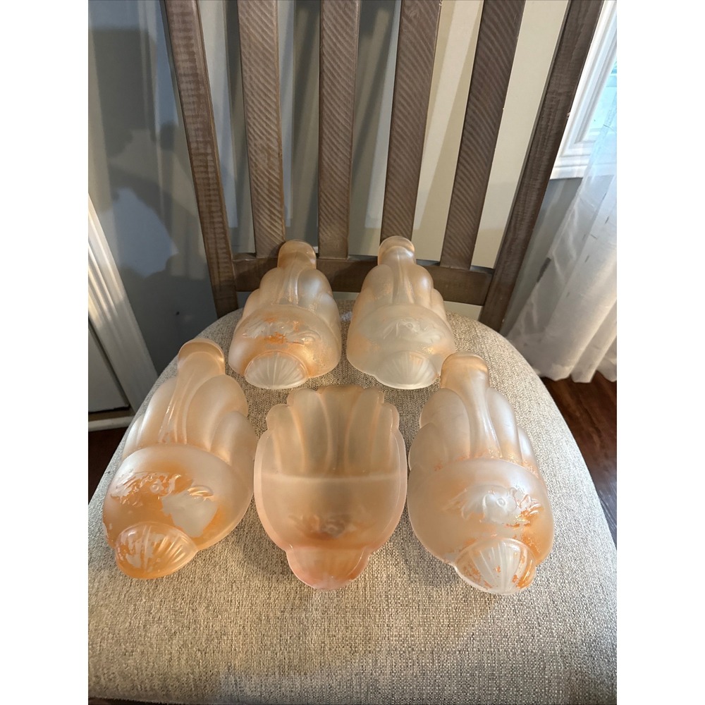 Vintage Art Deco Frosted Peach Glass Slip Shades Set of 5 Floral Embossed 1930s